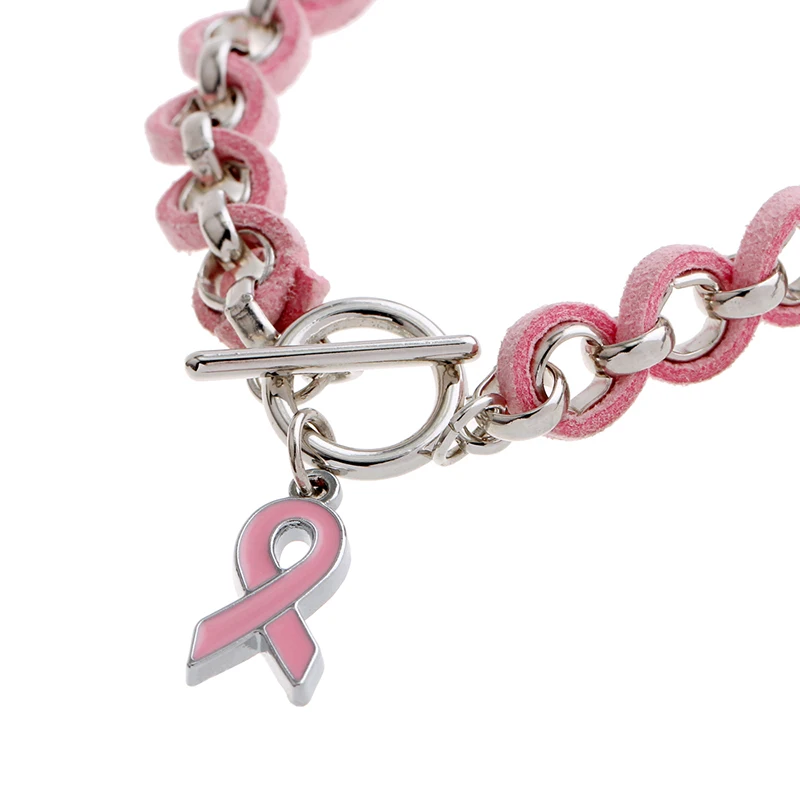 Розовый кожанный браслет для женщин раковые браслеты для пробуждения груди сплав амурная лента тканый кожаный браслет, женская бижутерия
