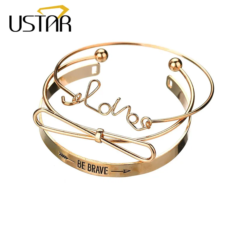 Женский браслет с надписью USTAR LOVE BE BRAVE открытый бант золотого цвета 3