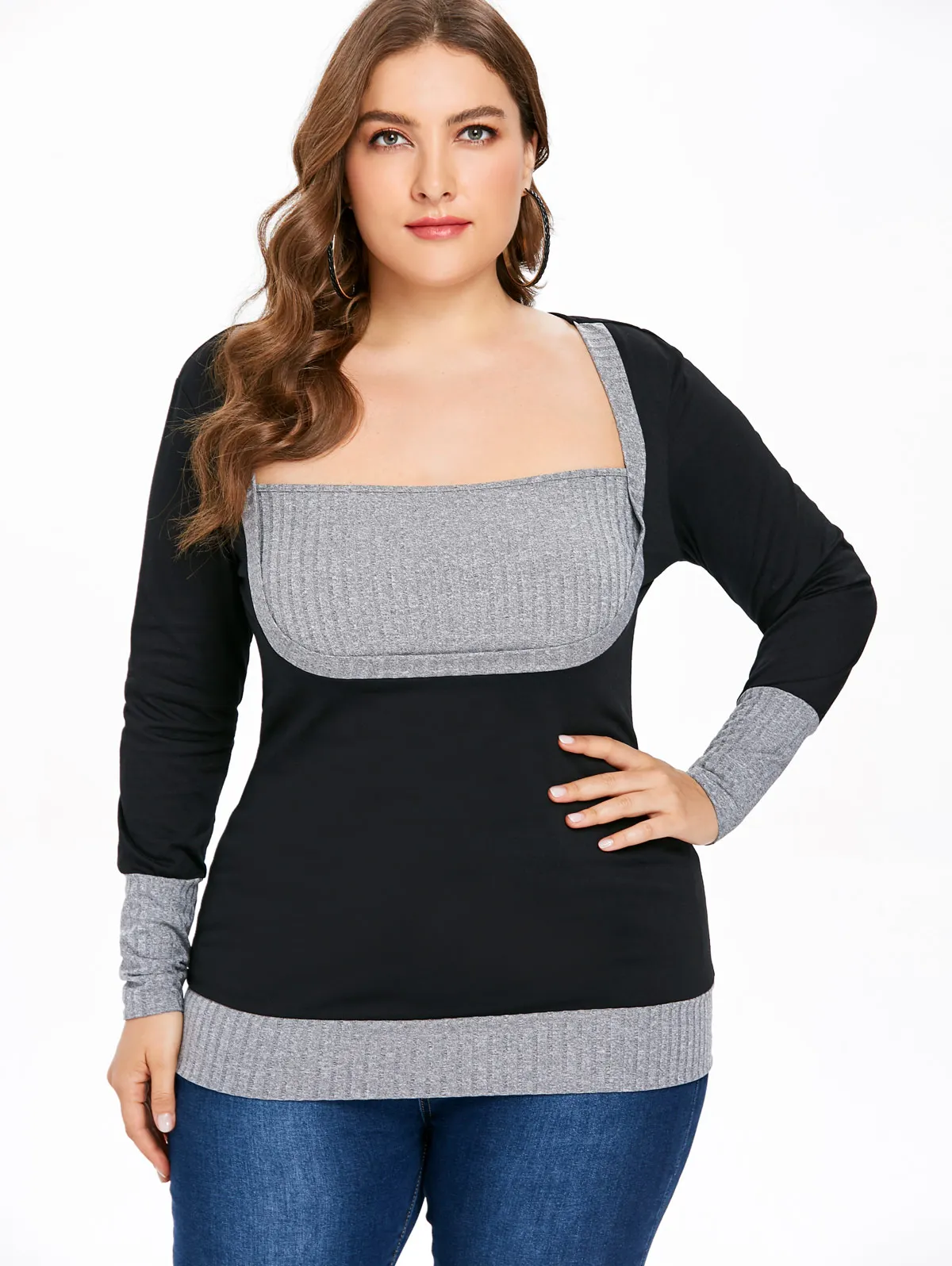 Футболка с квадратным вырезом ROSEGAL повседневная хлопковая футболка длинным рукавом большие