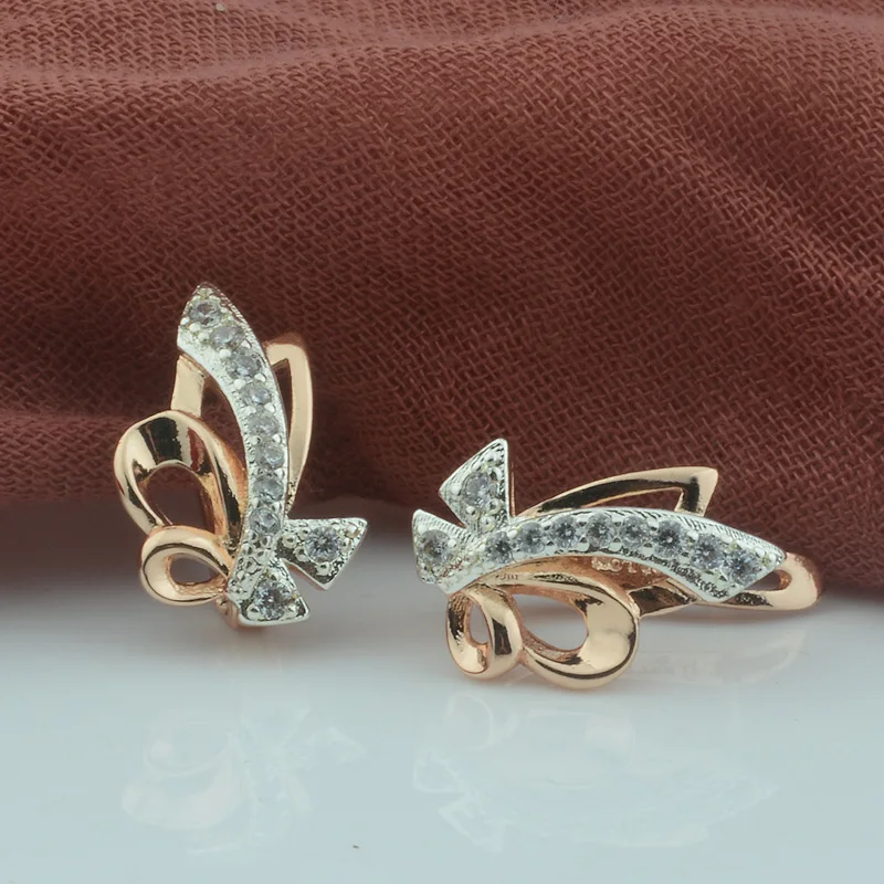 Женские серьги подвески с бантом и кристаллами FJ 2 цвета белого золота 585