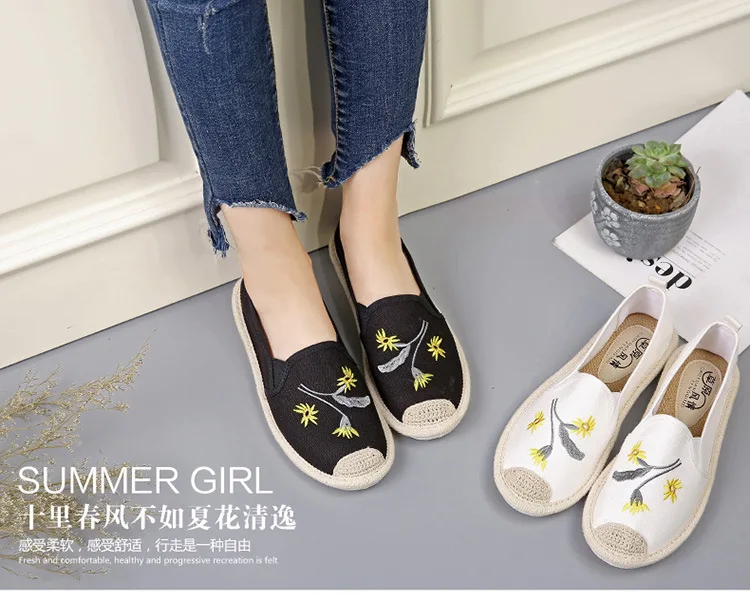 summer women's flat shoes breathable graffiti canvas linen women espadrilles non-slip casual white sneakers ballet flats