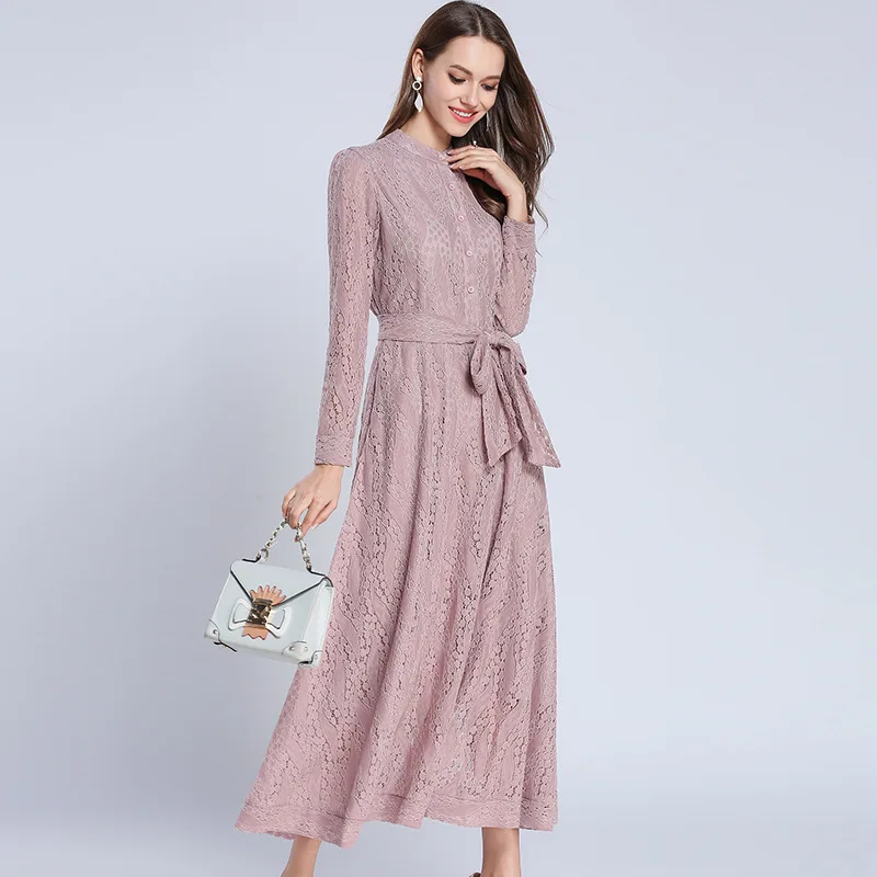 LARCI розовое кружевное платье Для женщин 2018 Новая мода с длинным рукавом и стоячим