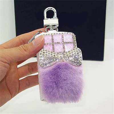 light purple diamond Женская сумка для ключей из натуральной кожи с бантом и бриллиантами, женская сумочка для ключей с металлической молнией, Новое поступление - Цвет: light purple diamond