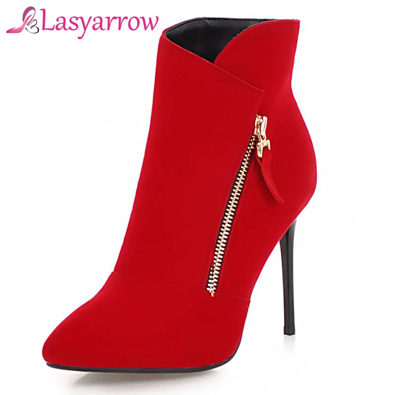 

Lasyarrow Sexy Women's Boots Black Red Nubuck Leather Shoes Woman Pointed Toe Stiletto Boots Thin High Heels Botas Feminina F419