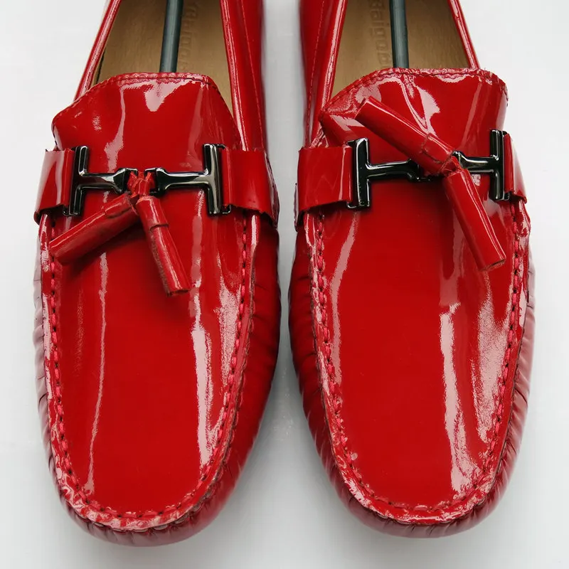 Mens Genuine Leather Red Patent Loafer Shoes Slip on Tassel Driving Big Size 11 12 45 Casual Men | Обувь