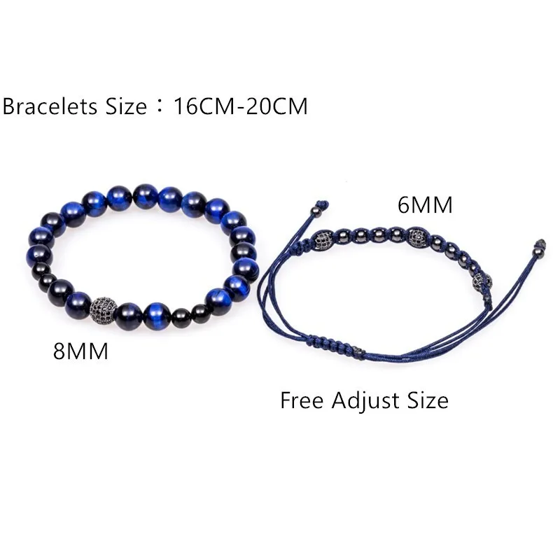 2 шт./компл. синий натуральный тигренок камень бисер браслет микро CZ женский