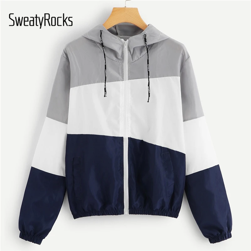 SweatyRocks Colorblock Женская ветровка с капюшоном, куртка на молнии, толстовка с капюшоном, топы, модные весенние повседневные пальто и куртка