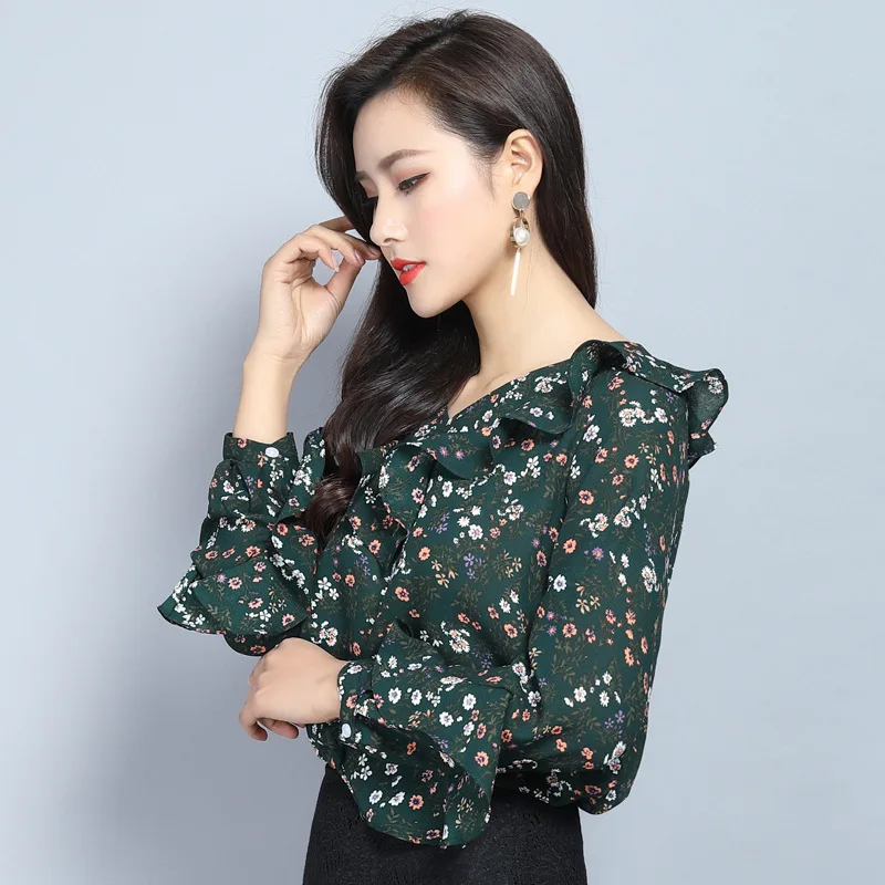 Луг Chic длинными расклешенными рукавами трепал воротник блузка с принтом Для