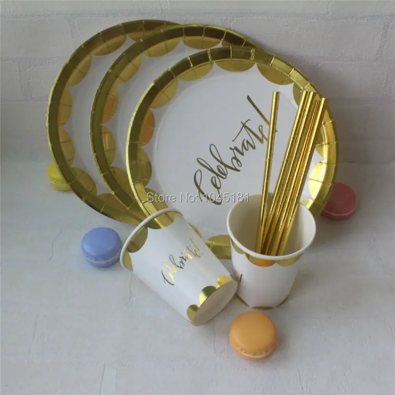 

ipalmay Metallic Foil Gold Tableware Baby Shower Wedding Decoration Birthday Party Paper Tableware Paper Plates Cups Straws