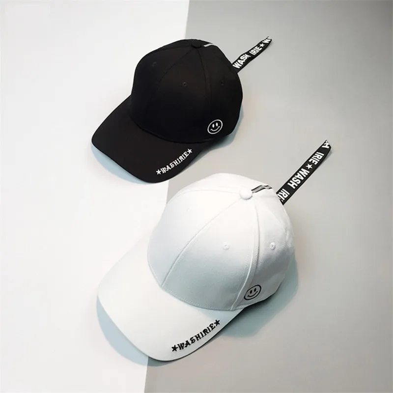 

Korean Women Long belt Snapbacks Retro hat Men's Personality Metal Ring Letter Smile Face Embroidery Baseball Cap Casquette