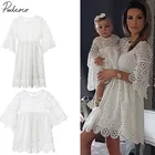 Новинка 2018, брендовая одежда для мамы и дочки, кружевное платье с цветочным рисунком для родителей и детей, белое кружевное платье с длинным расширяющимся книзу рукавом и цветочным рисунком