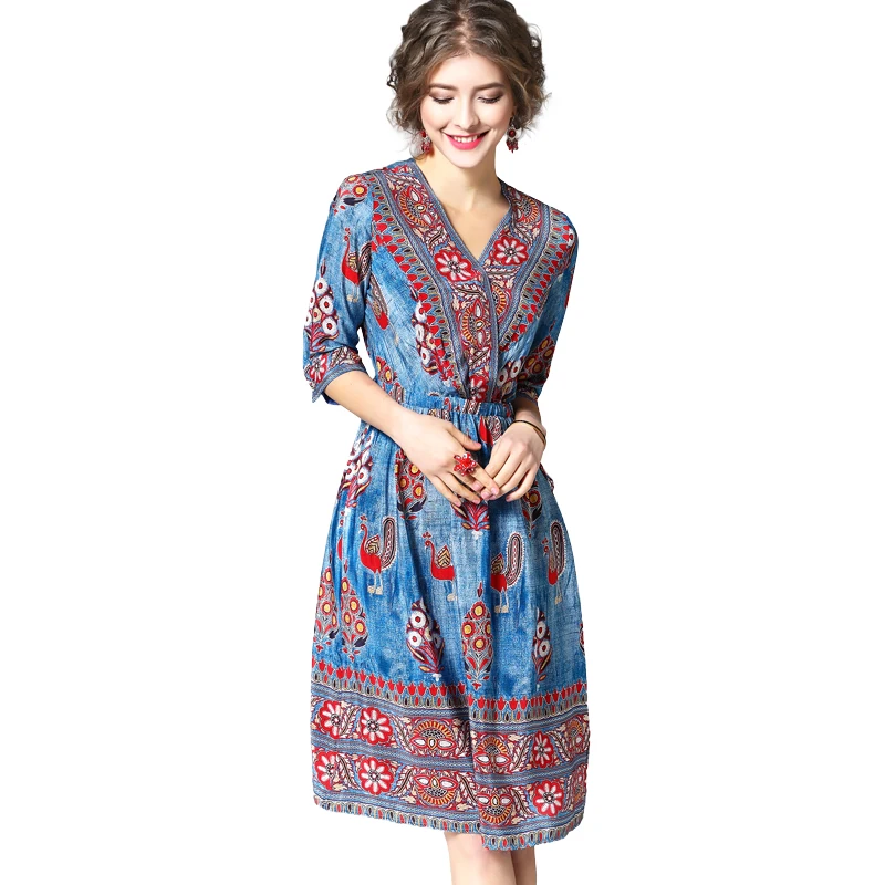 Высокое качество 100% шелковое платье женское с принтом Платья v-образным вырезом