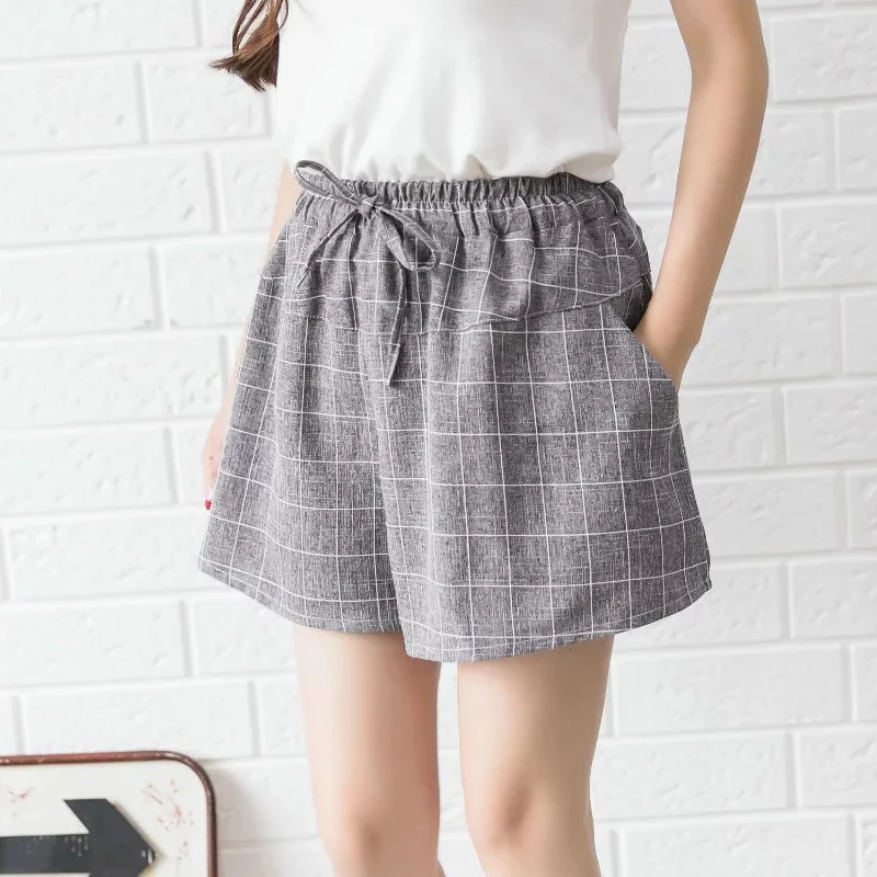 Клетчатые шорты для женщин с высокой талией свободного размера плюс