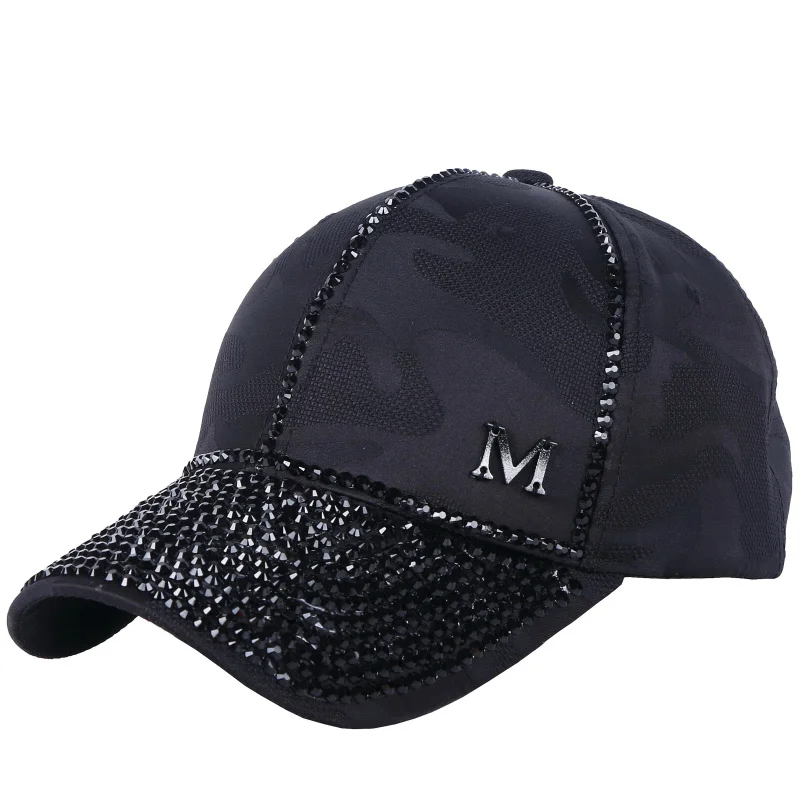 black cap Женская кепка дизайн женские роскошные стразы Повседневная модная кепка для бейсбола твердая струйная белая розовая Регулируемая Размер повседневные Кепка - Цвет: black cap