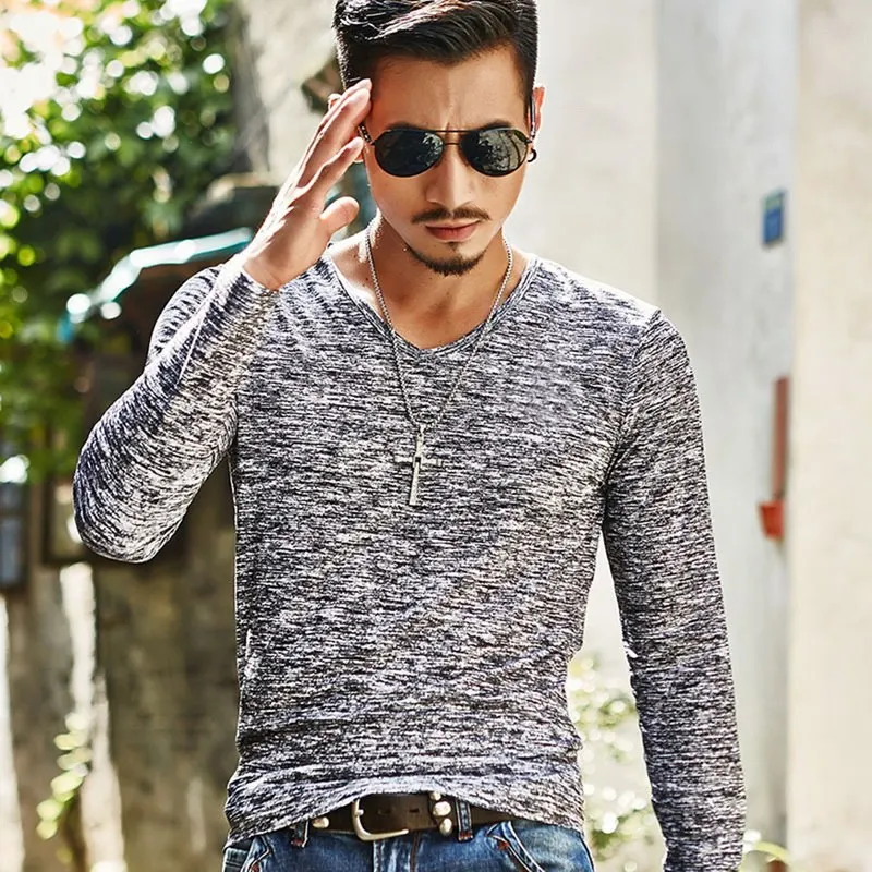 long sleeve black Мужские повседневные футболки, топы с длинным рукавом, футболки, мужская одежда, модная футболка с v-образным вырезом, Undetshirts 3XL, большие размеры - Цвет: long sleeve black