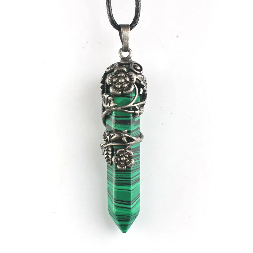 Malachite Stone Натуральный драгоценный камень цветок сливы обмотка шестиугольная колонна Фиолетовый Кристалл авантюрин опал исцеляющий кулон для ожерелья ювелирные изделия - Окраска металла: Malachite Stone