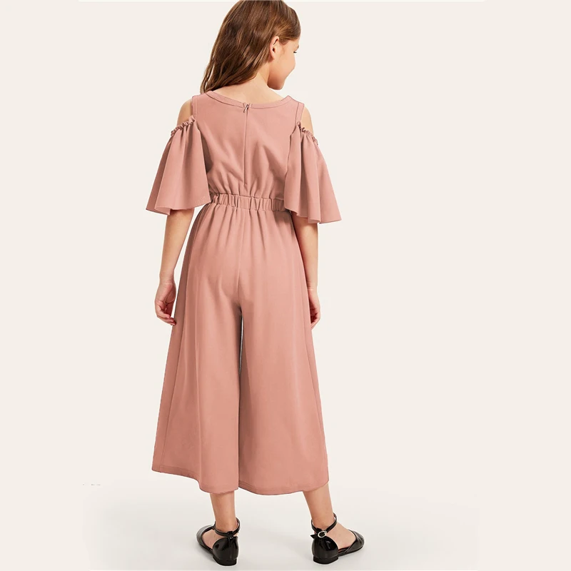 SHEIN/детский однотонный повседневный комбинезон с открытыми плечами и пуговицами сбоку для девочек; коллекция года; сезон лето; свободные длинные Комбинезоны на молнии с рукавами-воланами
