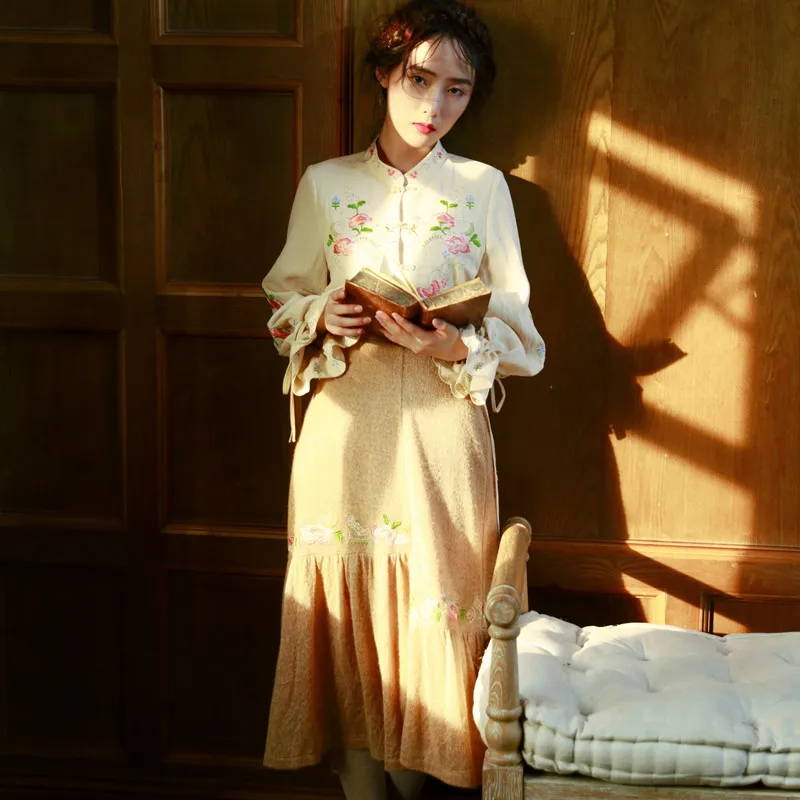 Женская трикотажная юбка LYNETTE'S в китайском стиле с изысканной вышивкой|knit