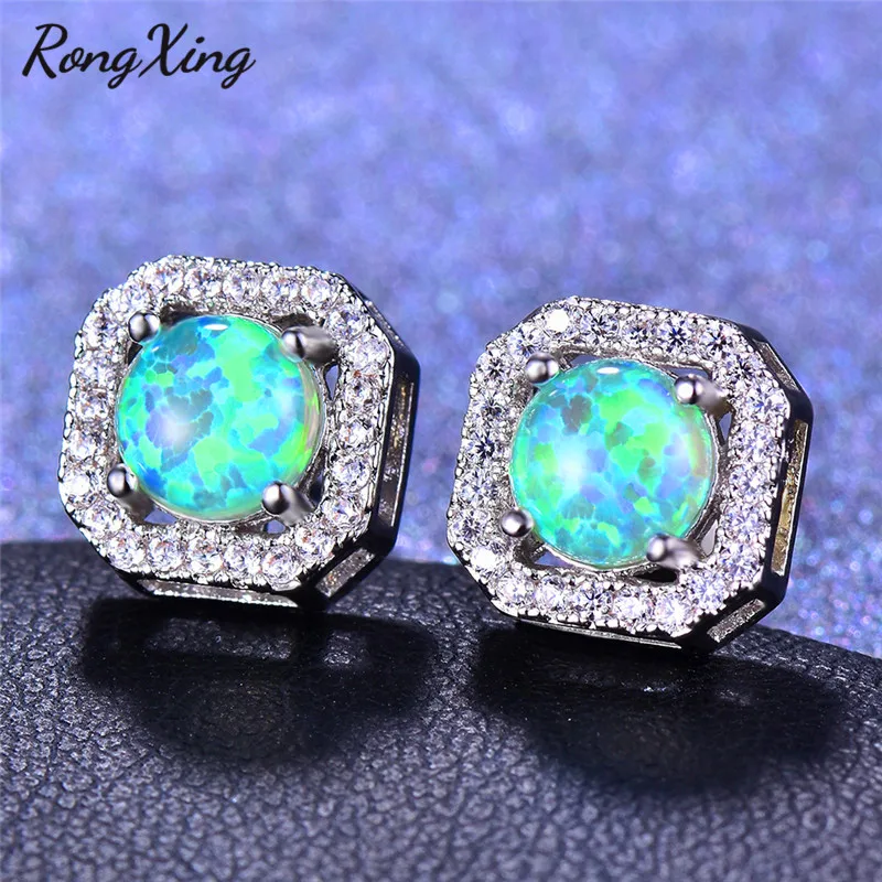 RongXing 925 пробы, заполненные серебром, белый/синий/зеленый огненный опал, циркониевые квадратные серьги-гвоздики для женщин, радужные серьги с камнем рождения