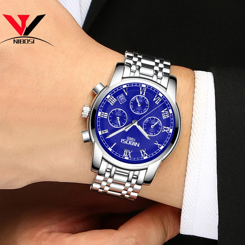 NIBOSI часы мужские полностью стальные синие классические кварцевые с хронографом