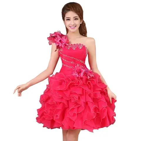 Женское вечернее платье принцессы с желтым и розовым корсетом, Короткие тюлевые Бальные платья на одно плечо, модное нарядное платье для девочек, W2141