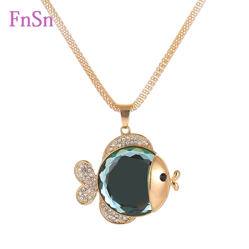 Женское ожерелье с подвеской длинное золотого цвета кристаллом в виде рыбы|necklace