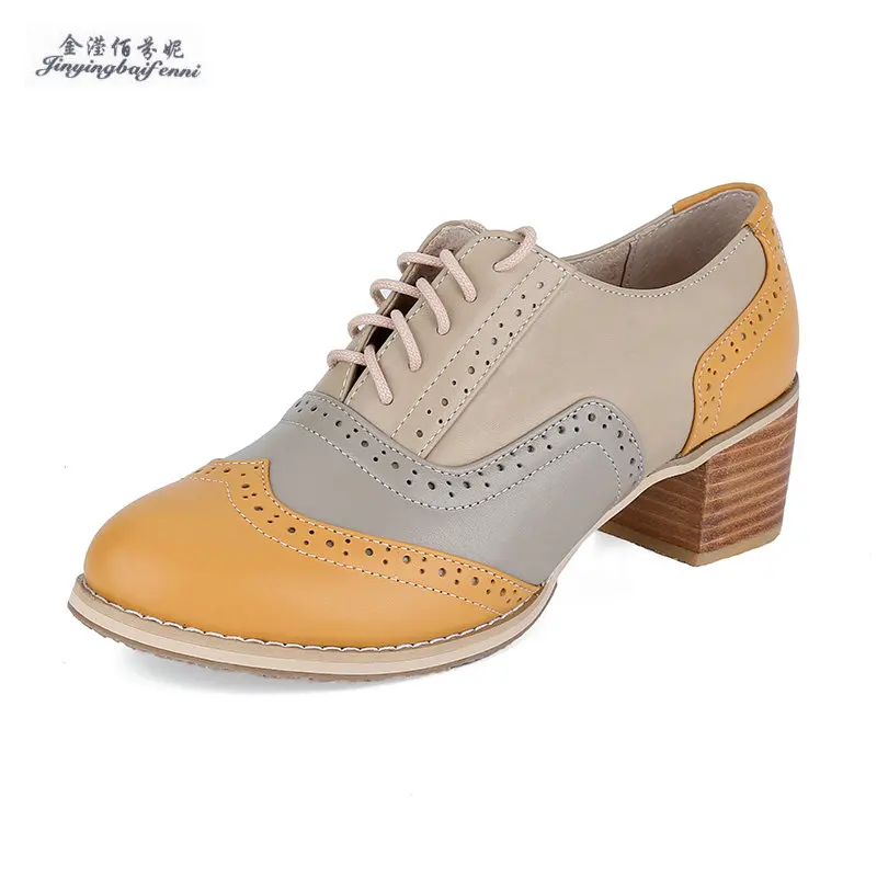 Женские туфли оксфорды из натуральной кожи на толстом высоком каблуке модная