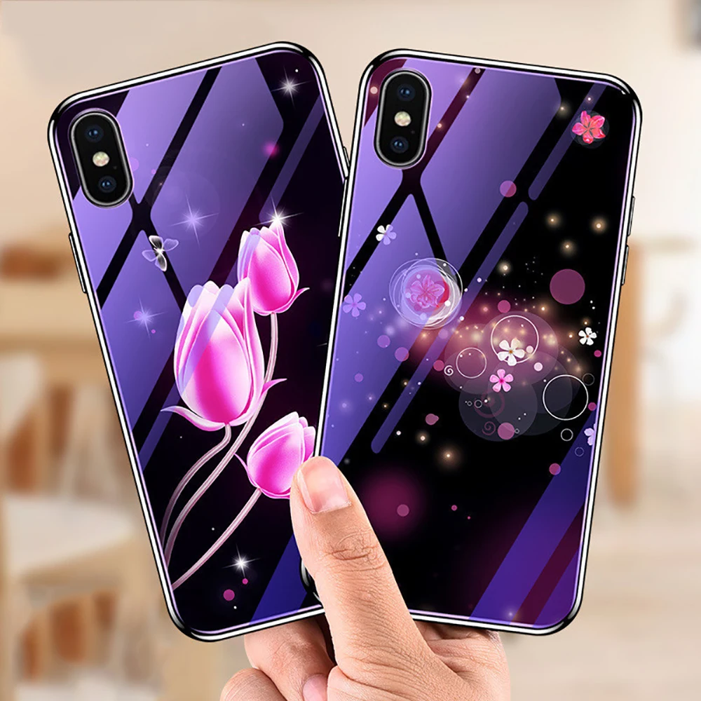 Tempered Glass Phone Case for iPhone 6 6s 7 8 Plus X Plating Blue Light Luxury For Protecive Cover |