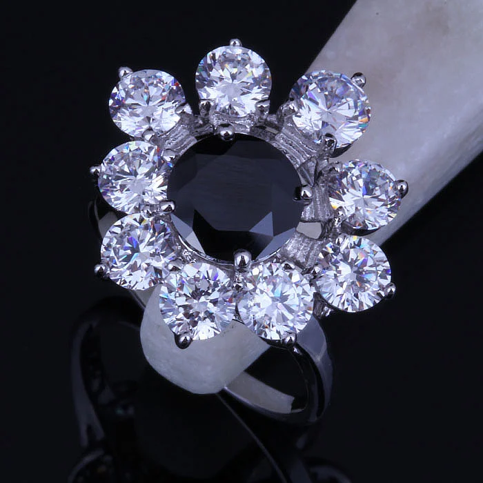 Любовный монолог в форме цветка Имитация черного оникса и белого CZ серебряного