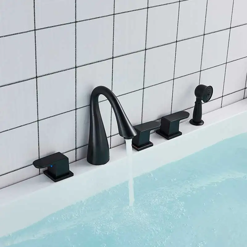 Золотой 5 шт. кран для ванны латунный бортике кран для ванной комнаты 3 ручки широкая Ванна Смеситель кран Torneiras выдвижной ручной душ