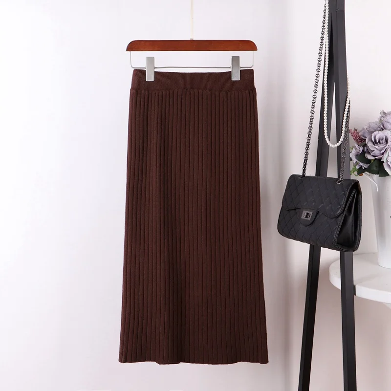 coffee 60cm GIGOGOU длинные осенне-зимние женские юбки, высокая эластичная мягкая трикотажная юбка-свитер, Толстая теплая Женская юбка в рубчик черного цвета - Цвет: coffee 60cm