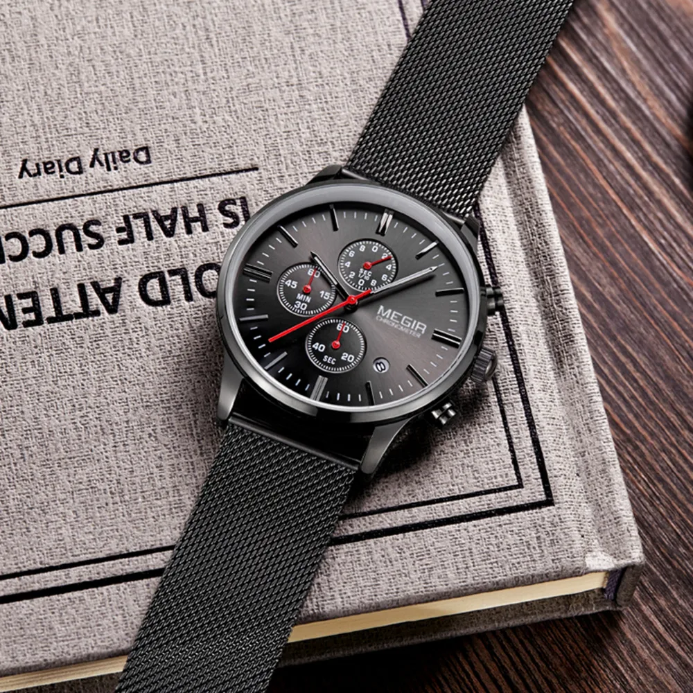 Megir золото серебро черный сетчатым Для мужчин Нержавеющая сталь Montre Homme мужской