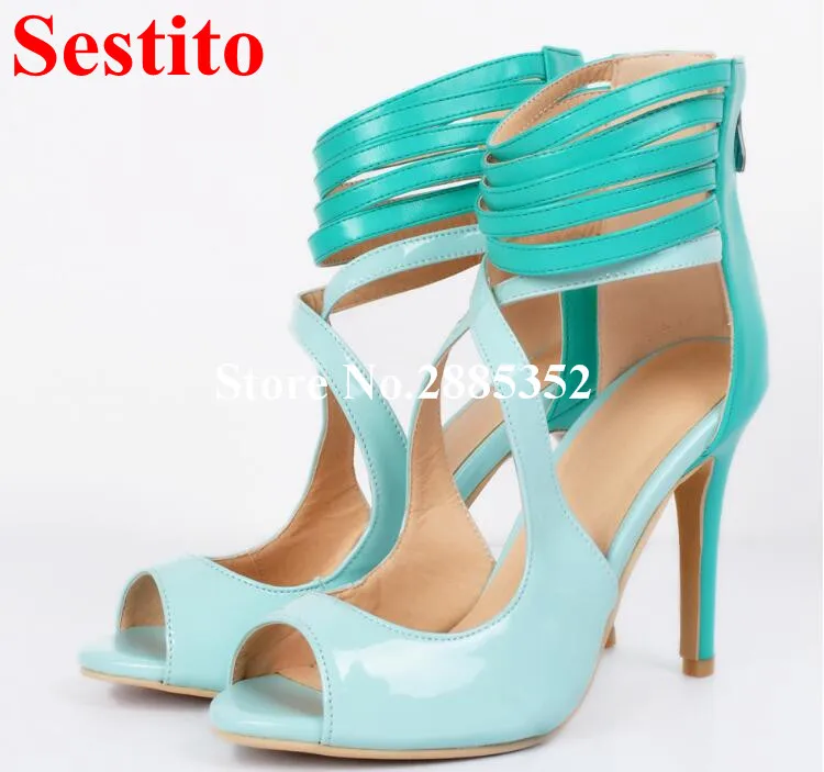 

Sestito Sweet Navy Blue Mixed Colors Narrow Band Strappy Sandals Fashion Patent Leather Fish Mouth High Heel Strip Shoes Women