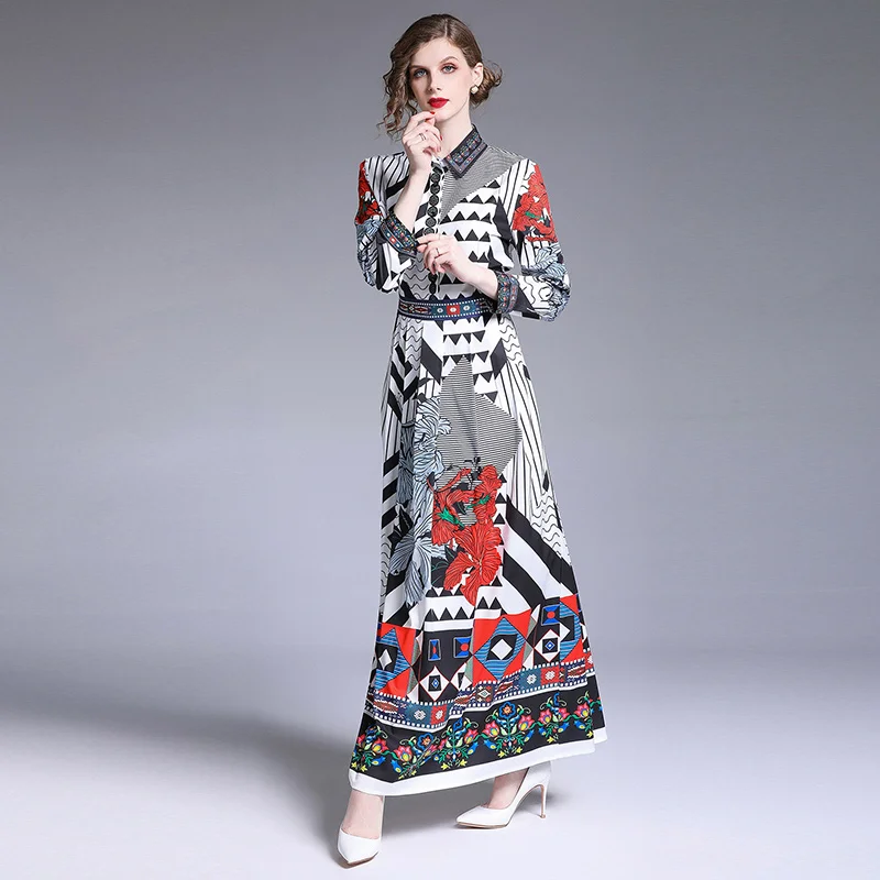 2019 Новое модное дизайнерское подиумное Макси платье с длинным рукавом Женские