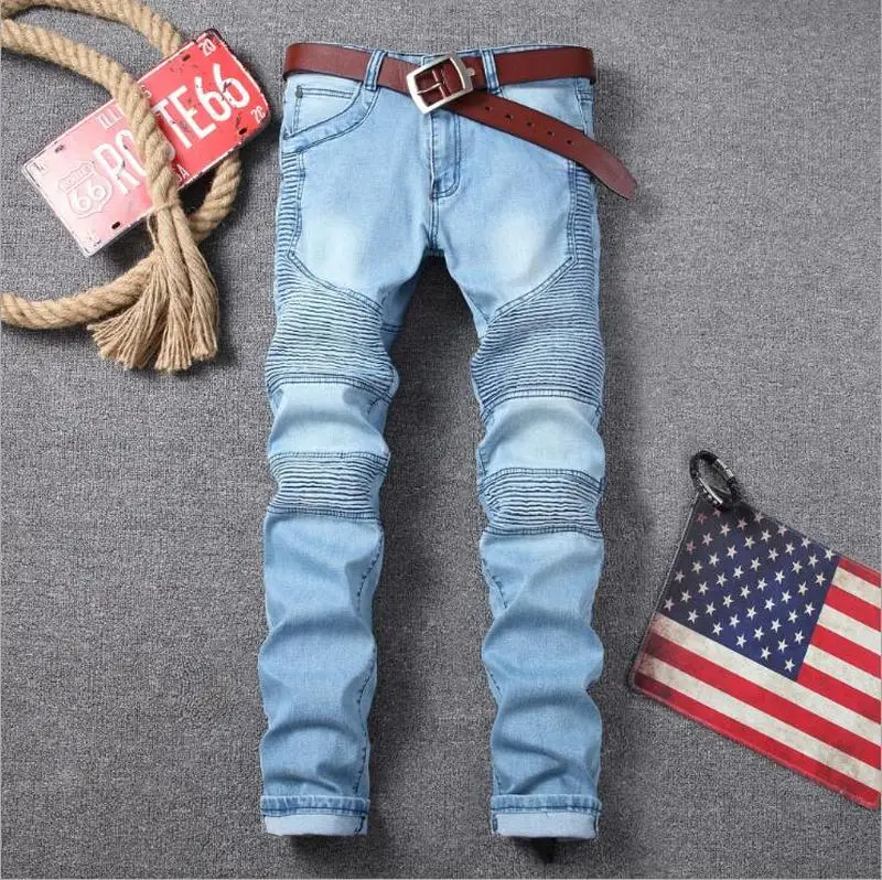 

Jeans Men's New Skinny Blue Pleated Pencil Pants Motorcycle Jeans Men's Large Size High Quality Cotton Denim Pants