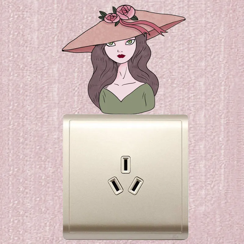 YOJA Cartoon Girl Wearing Big Hat PVC Switch Sticker Leisure Life Pastoral Style Decor Wall Decal High-quality 8SS1397 Дом и сад