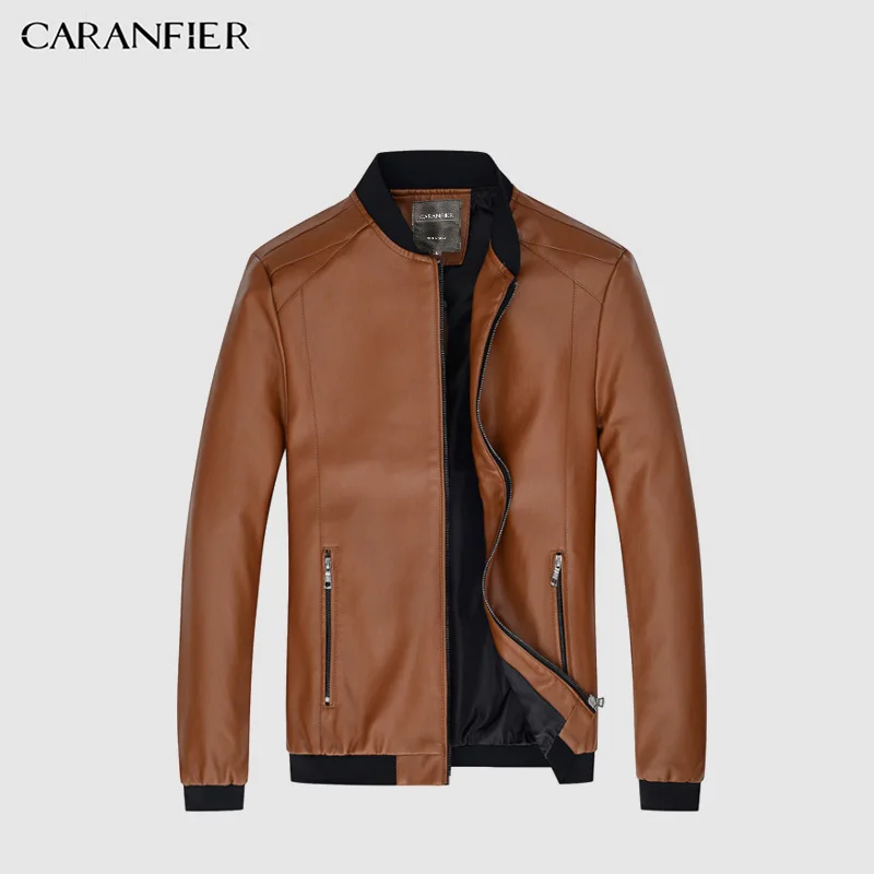 Мужские кожаные куртки CARANFIER мотоциклетные с воротником стойкой и карманами на