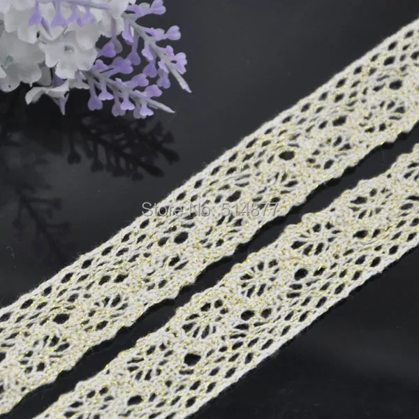 

5y Upick embroidered cotton trimming W/Gold appliques wedding decor craft L107