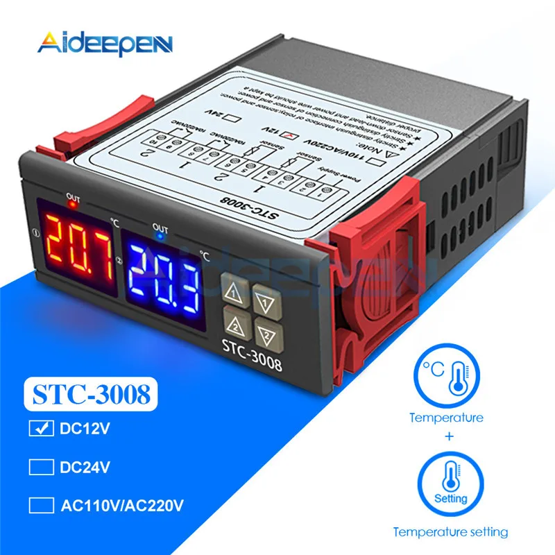 STC-3008, двойной цифровой регулятор температуры, два релейных выхода, термостат с датчиком, DC12V, 24 В, AC110-220V, домашний холодильник, прохладное тепло - Цвет: DC 12V