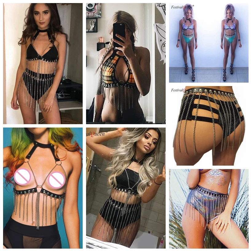 Sexy women metal chain skirt two piece Fashion PU leather Harness party nightclub wear short mini hollow out skirt