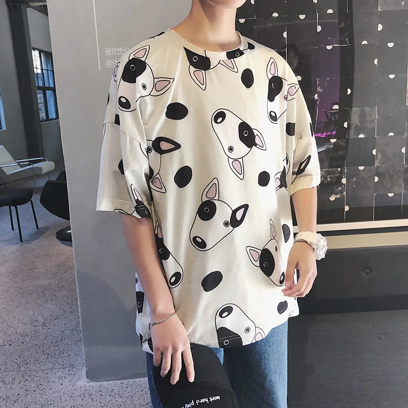 2019 Autumn New Korean Men's Quarter Clearance Half-sleeve Loose Student Short-sleeved Street Handsome Cartoon T-shirt | Мужская