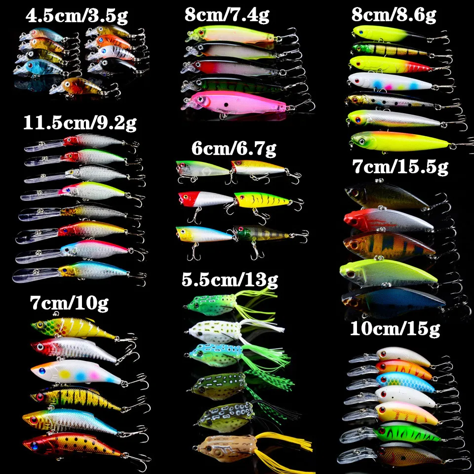 

59pcs/lot Fishing Lures Set Mixed 9 Models Fishing Wobbles or 64 Different Colors Quality Good Bass Crankbait Plastic Hard Baits