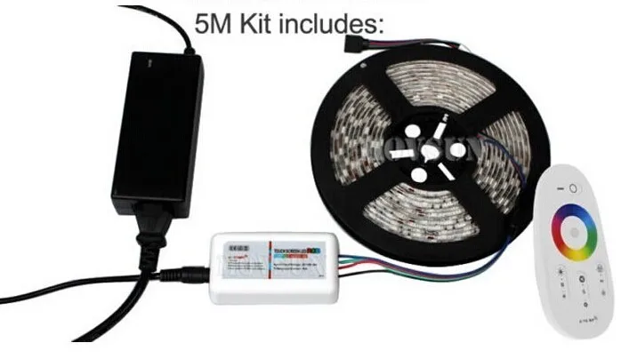 5 м 10 м 15 м 20 м Светодиодная лента RGB Водонепроницаемая 5050 SMD 60 светодиодов/м лента DC 12 В+ РЧ пульт дистанционного управления с регулируемой яркостью+ адаптер питания 1 комплект