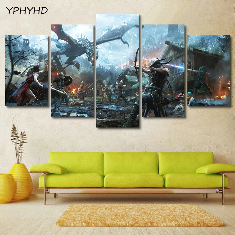 YPHYHD печать HD искусство современный 5 шт. воин Боевая картина с драконом плакат