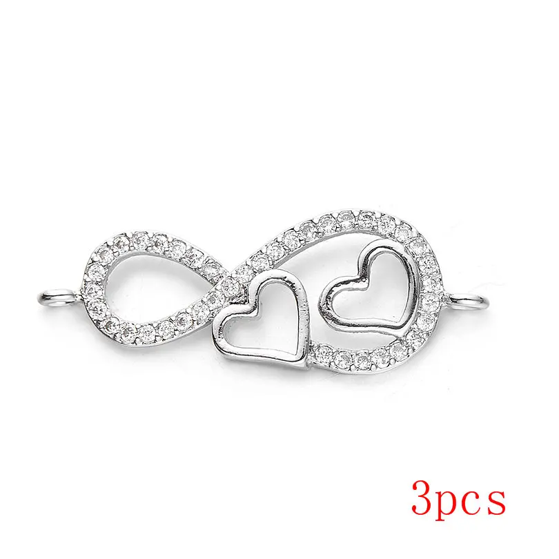 silver Pipitree 3 шт/лот ЛЮБОВЬ Бесконечность Подвески подходят браслет Подвеска «сделай сам» латунь CZ Циркон Сердце Бусины Подвески Украшения делая разъемы - Окраска металла: silver