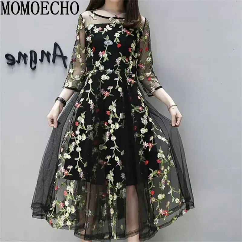 MOMOECHO 2018 Винтаж Для женщин летнее платье с длинными рукавами и круглым вырезом