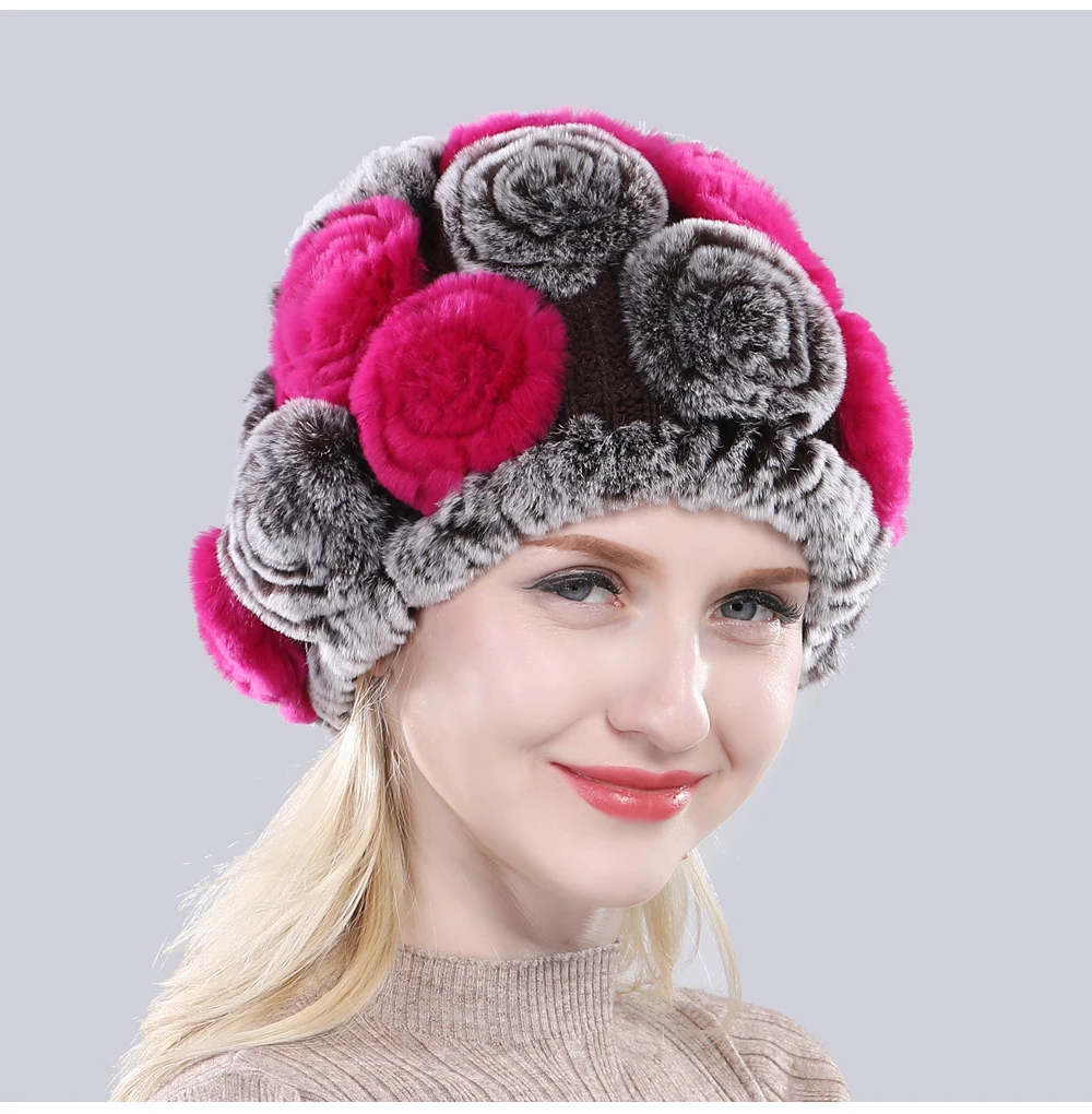 Новинка, женские вязаные шапки с цветочным рисунком, натуральный мех кролика Рекс, шапки, зимние женские шапки с натуральным мехом, Хорошие эластичные шапки из натурального меха