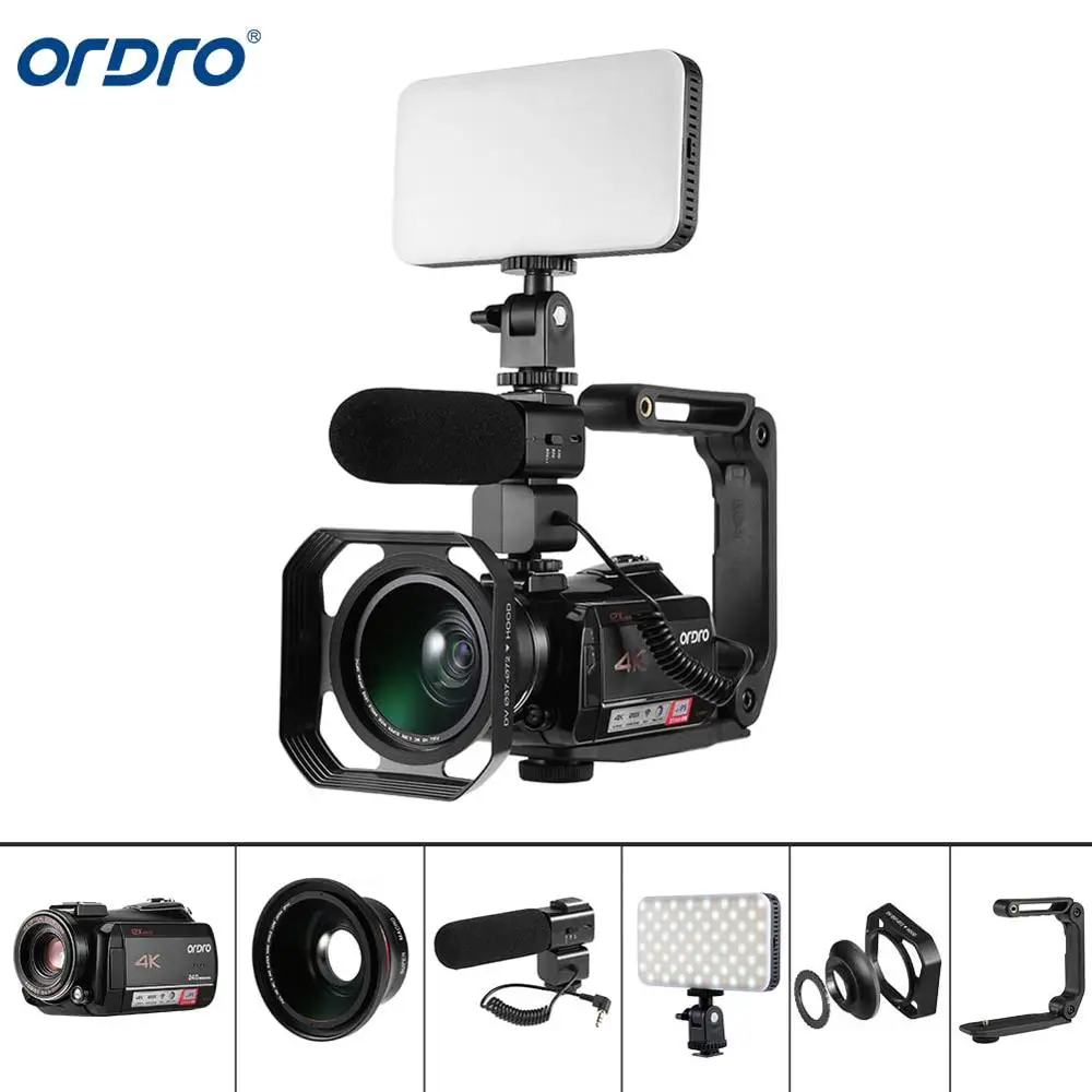 Белый Ordro AC5 4K 12X оптический зум 24MP WiFi ips сенсорный экран цифровая камера+ бленда+ широкоугольный объектив+ микрофон+ светодиодный светильник+ ручной - Цвет: Белый