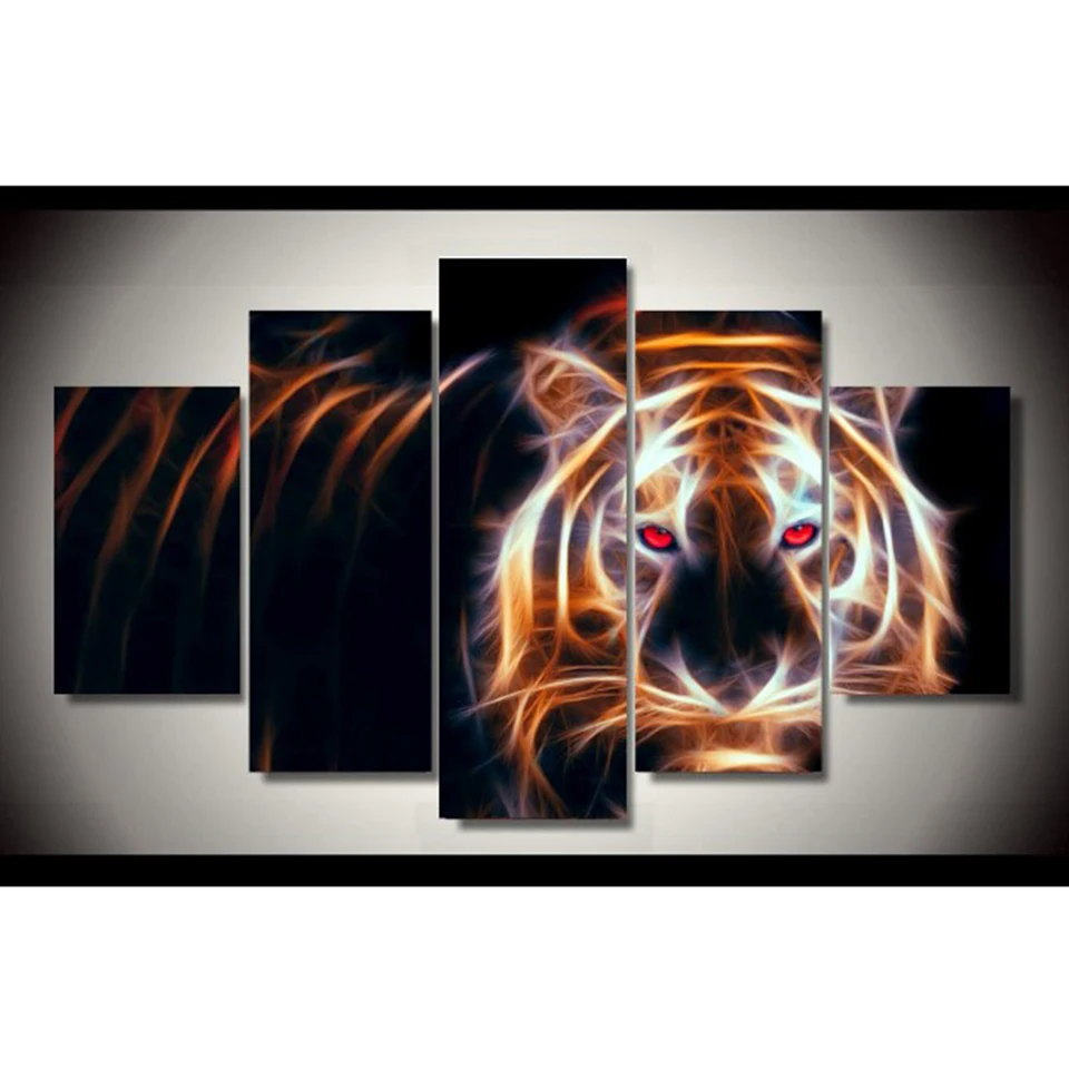 HD печатает модульная Холст Картина Wall Art 5 Панель флуоресцентный С Рисунком Тигра