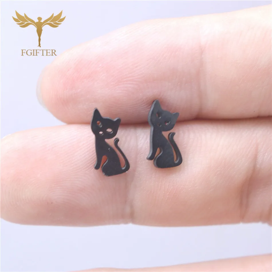 12 пар черных кошек Женские серьги Нержавеющая сталь Наборы для ушей Ювелирные